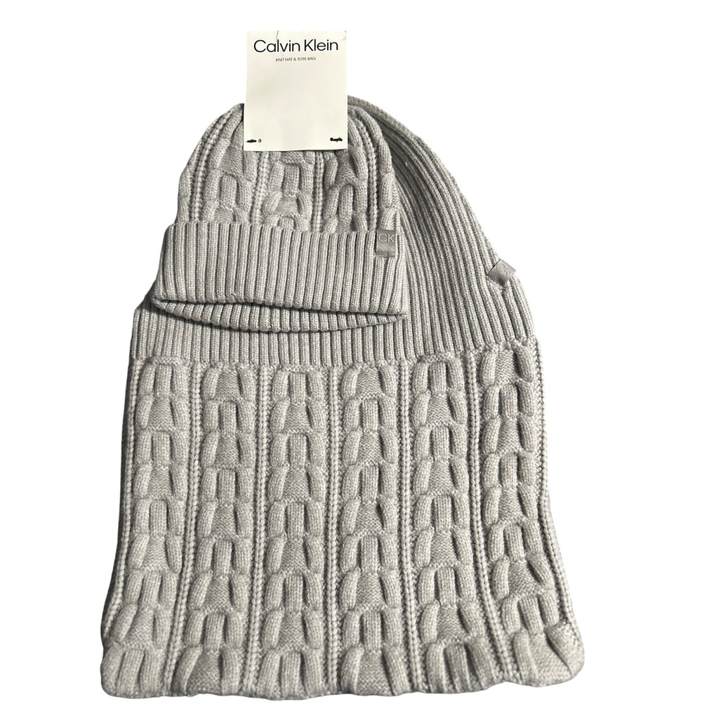 Calvin Klein Matching Gray Knit Hat and Tote Bag‎ Cable Knit Design NWT